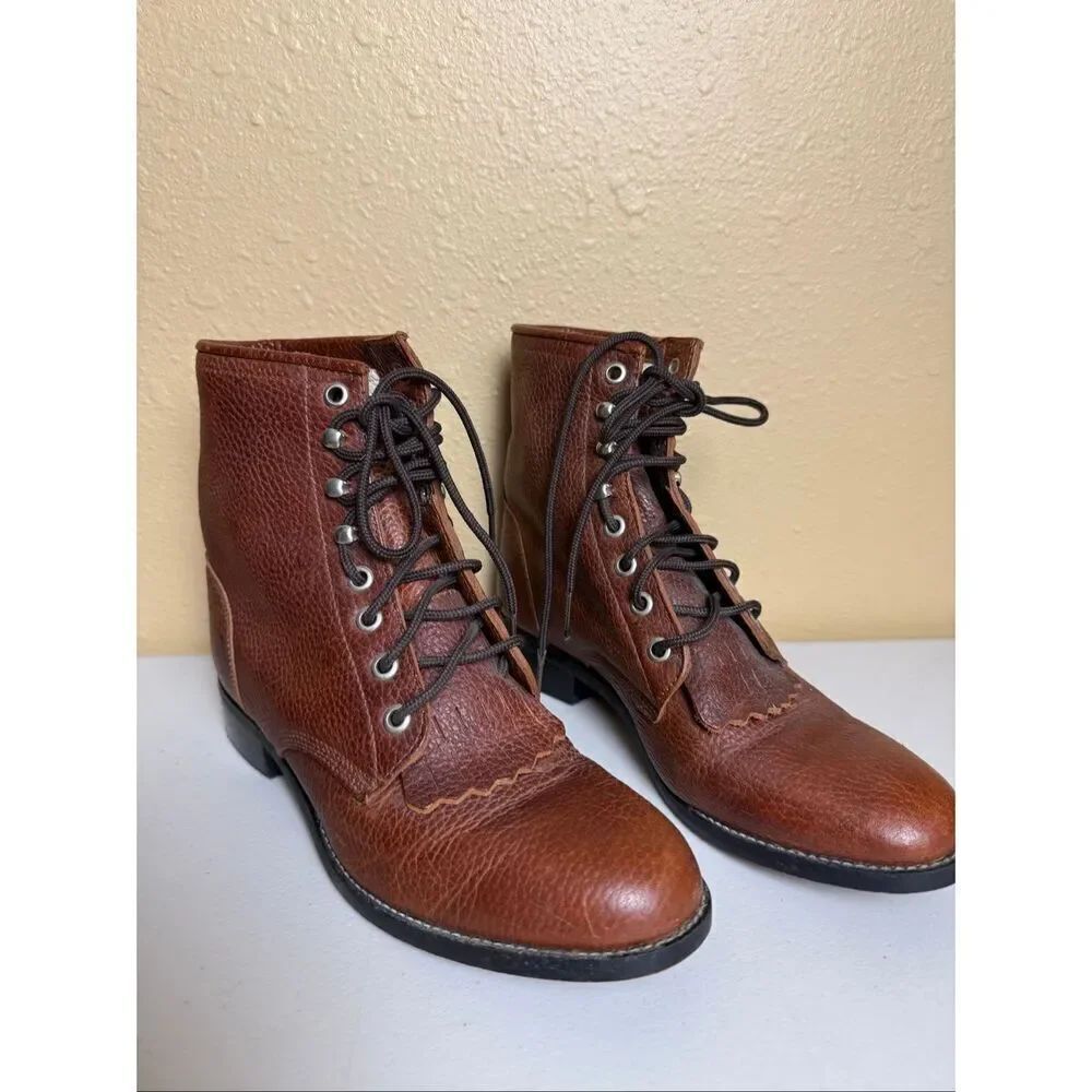 Vintage Justin Junior Brown Leather Lace-Up Boots (Youth/Women’s Size 4D